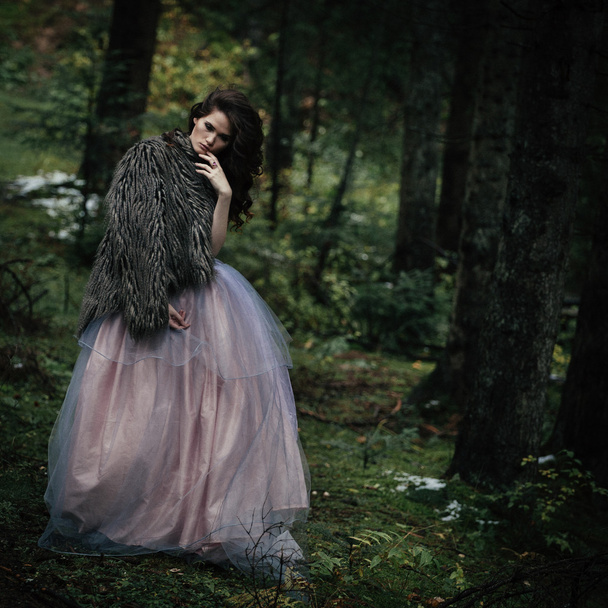 Portrait de femme romantique en belle robe en forêt
 - Photo, image