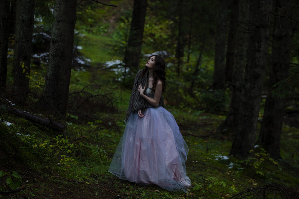 Retrato de mujer romántica en hermoso vestido en el bosque
 - Foto, imagen