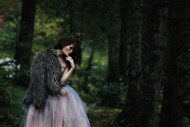 Portret van romantische vrouw in mooie jurk in bos - Foto, afbeelding