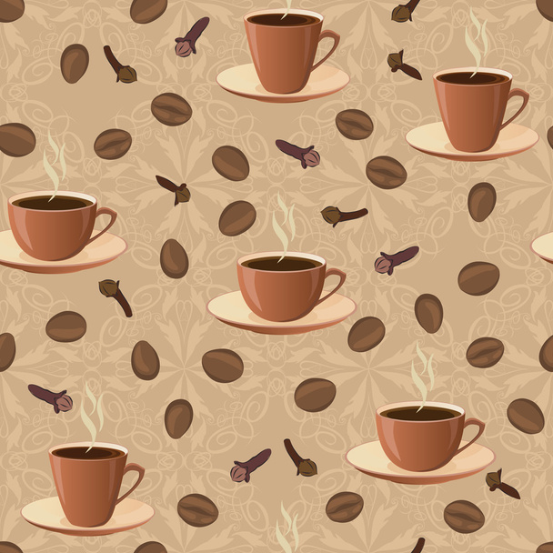 Seamless pattern with cups of coffee  and coffee beans. - Vetor, Imagem