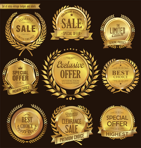 Quality golden medallion with laurel wreath collection - Vector, imagen