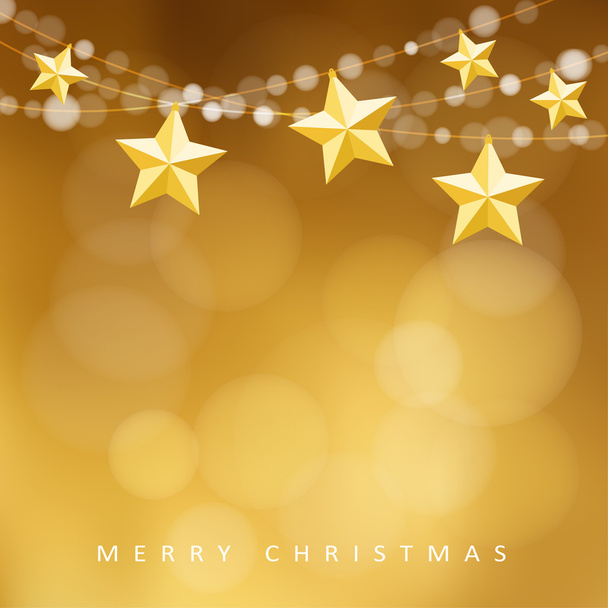 Modern golden christmas greeting card with garland of lights and folded paper stars, vector - Vecteur, image