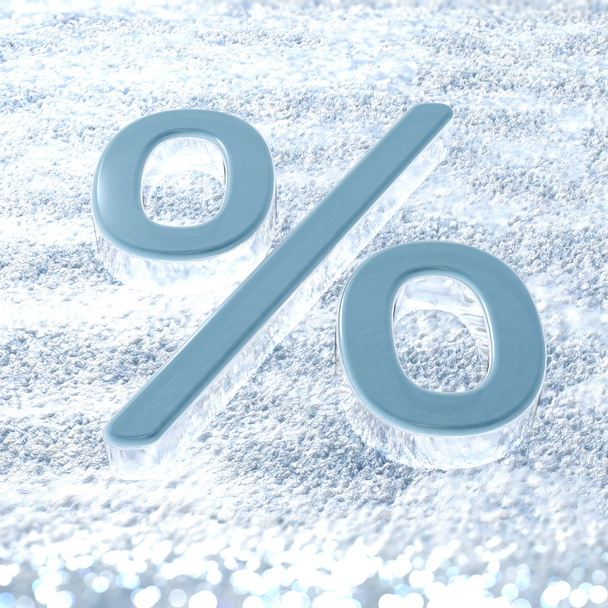 ein Prozentsymbol auf einem Neuschnee, das Winteraktionen symbolisiert - Foto, Bild