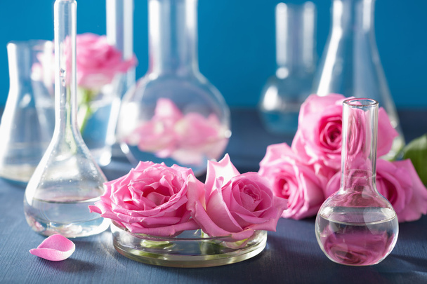 alchemy and aromatherapy with rose flowers and chemical flasks - Photo, Image