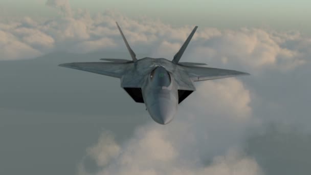 Wojskowy samolot spada bomb z dużej wysokości. F-22 w chmury, realistyczny 3d animacji cg - Materiał filmowy, wideo