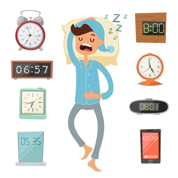 Relógio despertador e homem adormecido ilustração vetorial
 - Vetor, Imagem