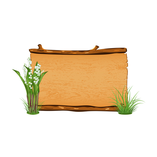 Wooden banner, grass and lilies of the valley, vector illustration - Vector, Image