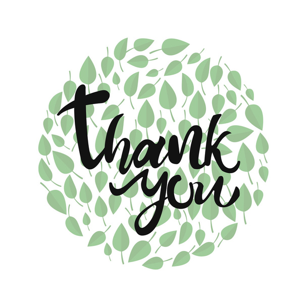 Thank you card hand lettering on abstract colorful textured leafy background. Template for your design. Typographical  Vector illustration - ベクター画像