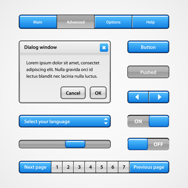 Clean Light Blue User Interface Controls. Web Elements. Website, Software UI: Buttons, Switchers, Slider, Arrows, Drop-down - Vektor, Bild