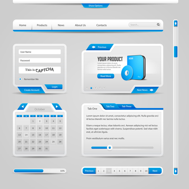 Web UI Controls Elements Gray And Blue On Light Background: Navigation Bar, Buttons, Login Form, Play List, Message Box - Vektor, obrázek