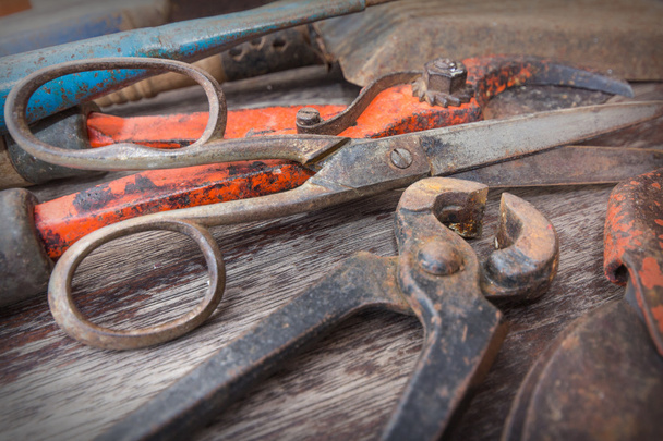 Régi rozsdás eszközök - vintage kertészeti eszközök, fából készült háttér - Fotó, kép
