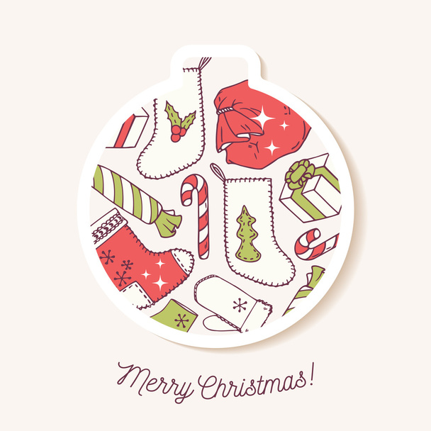 Christmas bauble sticker with christmas hand drawn pattern. Cute holiday ornament - Vector, Image
