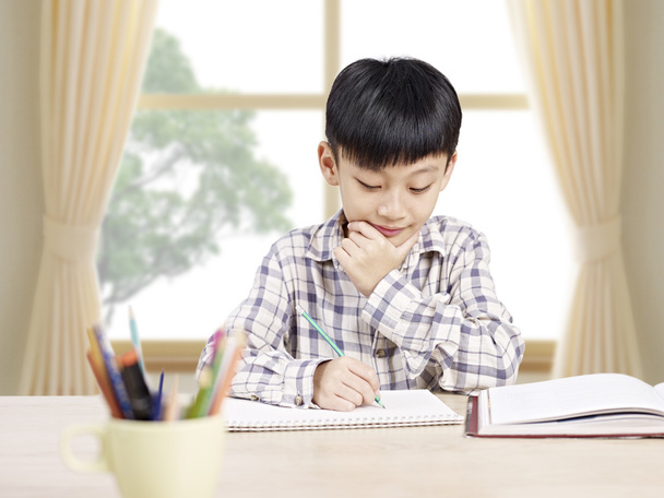 Aasialainen koulupoika opiskelee kotona
 - Valokuva, kuva