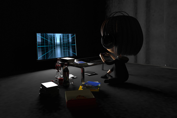 Back figure of a person playing game in dark room - Photo, Image
