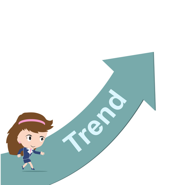 Happy business woman running on green arrow with word Trend, Finance concept, presented in vector form - ベクター画像