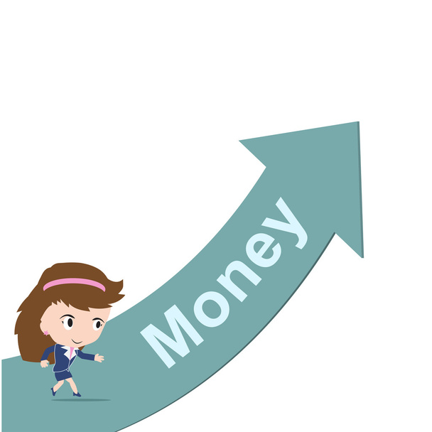 Счастливая деловая женщина, бегущая по зеленой стрелке со словом "Деньги", дорога к концепции успеха, представлена в векторной форме
 - Вектор,изображение