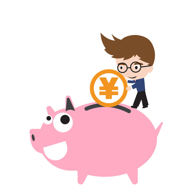 Possu pankki hymy ja onnellinen, liikemies laittaa rahaa kolikon, valuutta Yen symboli säästää taloudellinen käsite eristetty valkoisella taustalla
 - Vektori, kuva