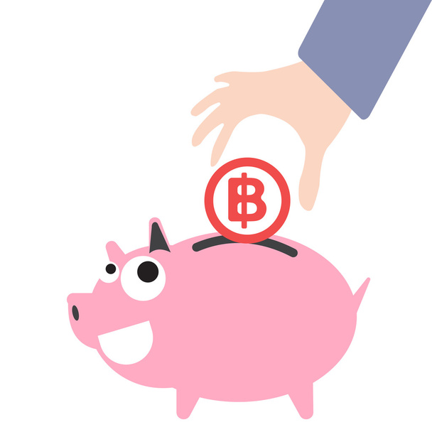 Piggy bank and business hand putting money, currency Baht symbol for saving concept in vector - Vector, afbeelding