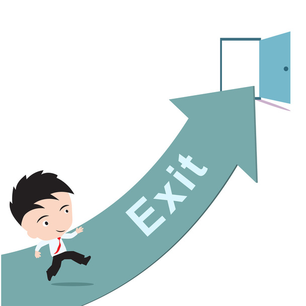 businessman happy to running on green arrow and open door with word Exit, road to success concept, presented in vector form - Διάνυσμα, εικόνα