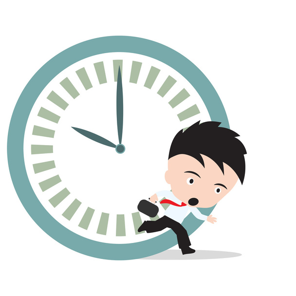 Businessman running late as hurry up for work and clock rush hour, on white background - Vector, Image