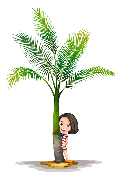 Little girl standing behind palm tree - Vector, Image