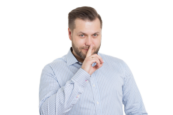adult male with a beard. isolated on white background. Body language. non-verbal cues. training managers. gestures lies. touch to face - Foto, imagen