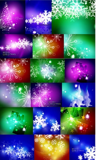 Reeks van glanzende kleur kerst achtergronden met witte sneeuw en bomen - Vector, afbeelding