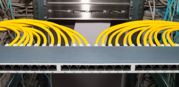 Network distributor in a datacenter with LAN cables - Photo, Image