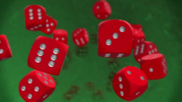 Flying dices in red on green - Footage, Video