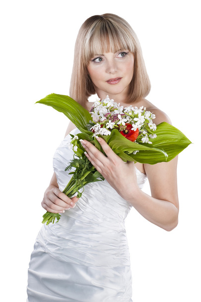 Young bride with beautiful bouquet over white backgrou - Foto, Imagem