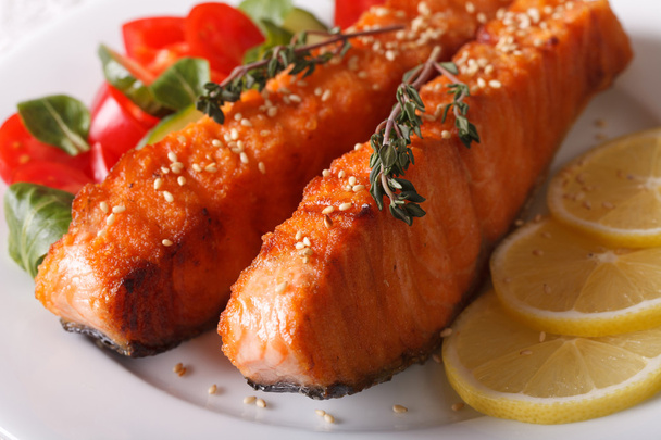 Филе лосося с кунжутом и салатом на тарелке. ho
 - Фото, изображение