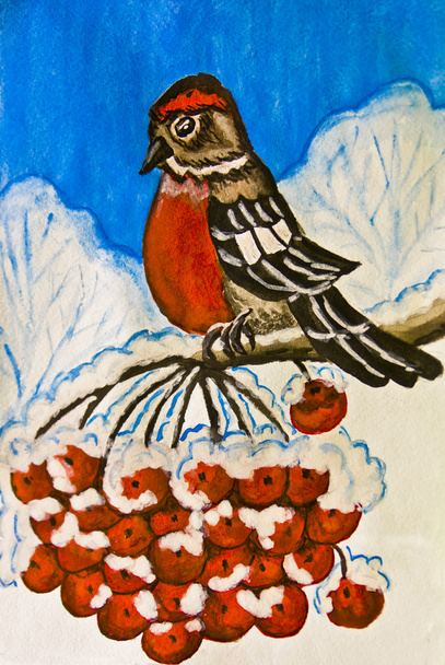Булфинч на ветке ягодного дерева, роспись
 - Фото, изображение