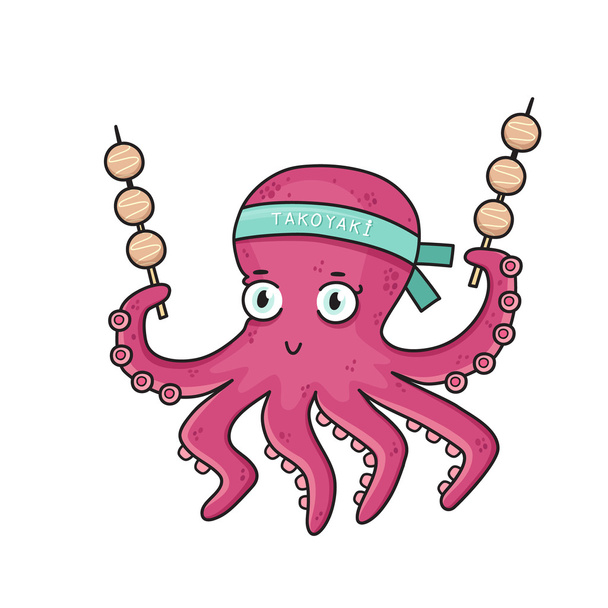 Kreslený chobotnice s japonským jídlem "Takoyaki". - Vektor, obrázek