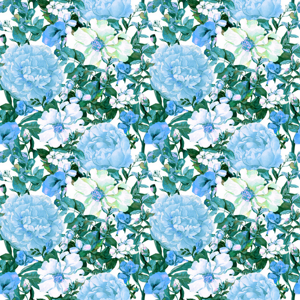 Flowers, leaves, grass. Repeating floral pattern in blue color. Watercolor - Photo, image