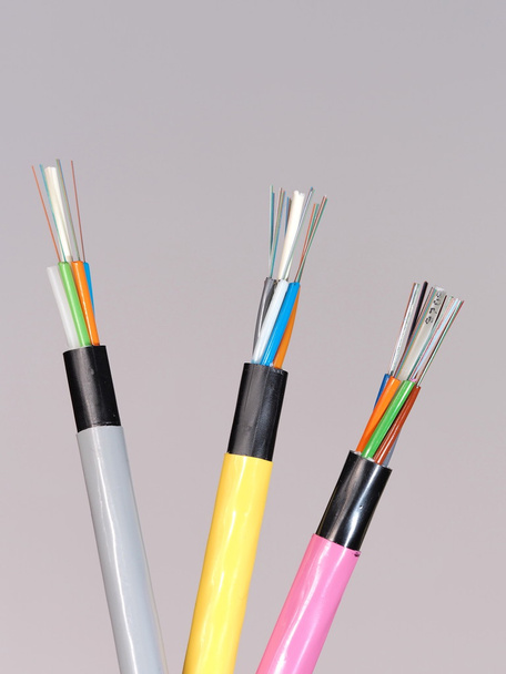 Різні кольорові волоконно-оптичні кабелі закінчуються зі знятими шарами куртки і відкритими кольоровими волокнами зліва направо
 - Фото, зображення