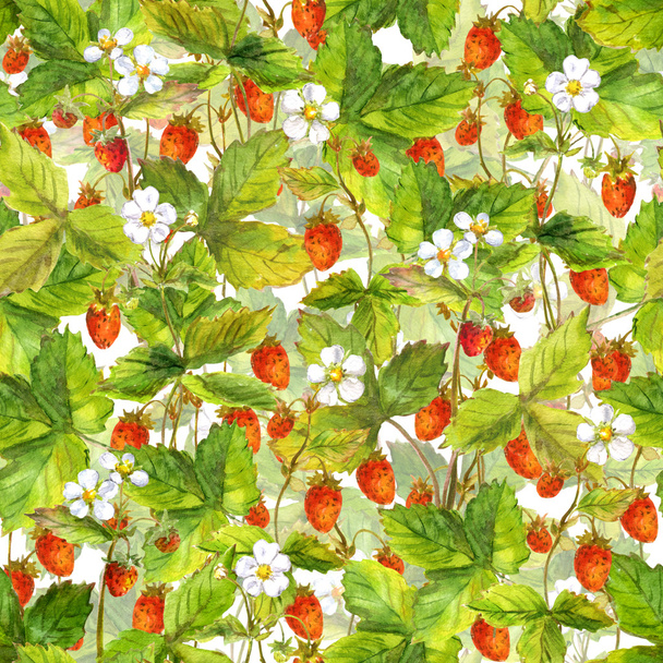 Seamless background with lot of wild forest strawberry berry. Watercolour art - Foto, Imagen