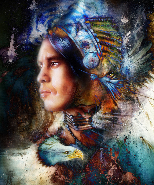 painting young indian warrior wearing a gorgeous feather headdress, and eagle with tiger. profile portrait, abstract color background. - Fotoğraf, Görsel