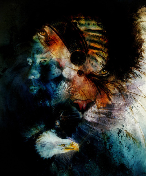 рисует молодого индийского воина в великолепном перьевом головном уборе и орла с тигром. портрет профиля, абстрактный цвет фона
. - Фото, изображение
