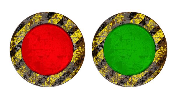 Vekton sale vieux bouton rond rouge et vert rouillée avec rétro-éclairage incandescent rayé sur un fond jaune avec des rayures noires d'avertissement sur les dangers de - Vecteur, image