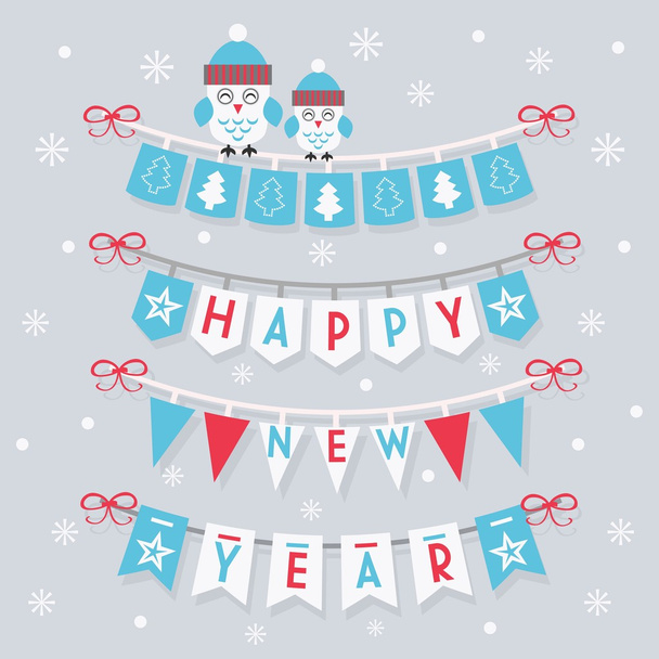 Šťastný nový rok korouhve a dekorace s dvěma roztomilé sovy na sněžení pozadí - Vektor, obrázek