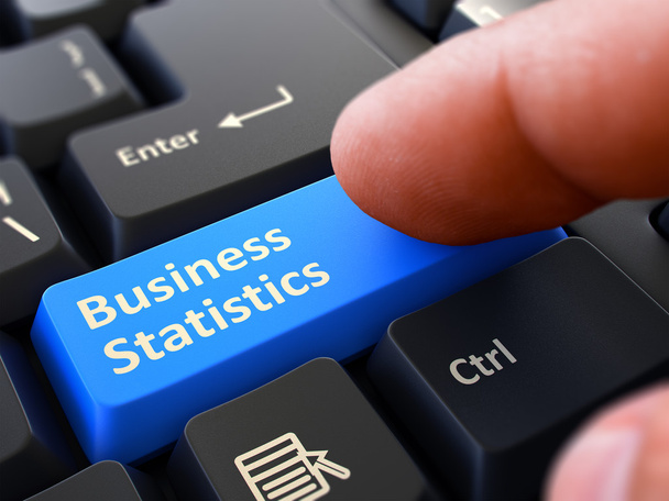 Business Statistics - Concept on Blue Keyboard Button. - 写真・画像