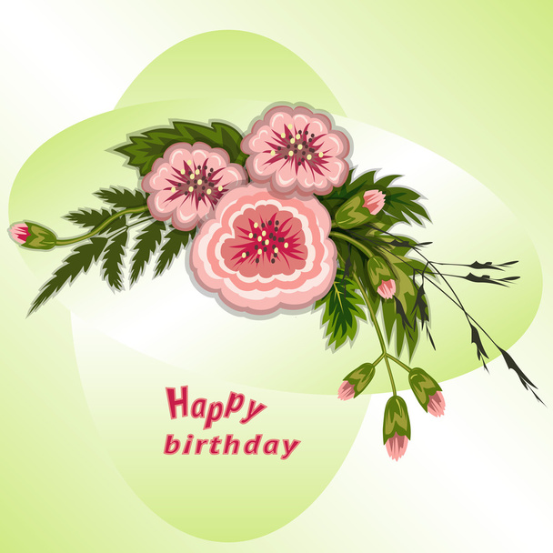 Floral composition. Bouquet of flowers on soft green background. Happy birthday pattern for woman. Greeting card. Vector illustration - Vector, imagen