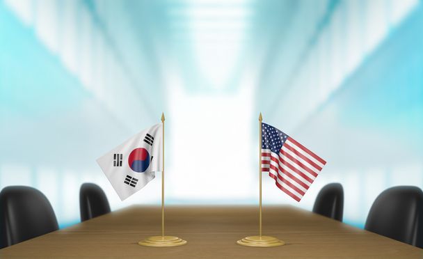 韓国とアメリカの関係と貿易取引協議 3 d レンダリング - 写真・画像