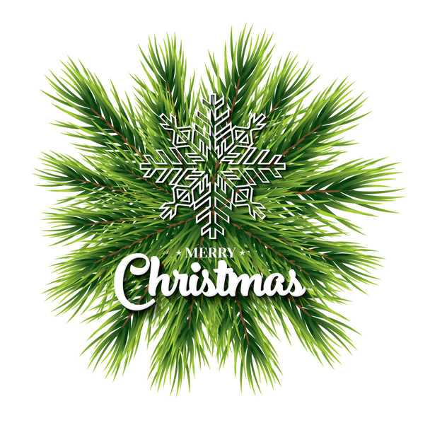 松の枝と雪片とメリークリスマスレタリングカード.  - ベクター画像
