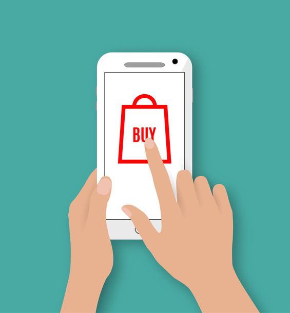 Hand holding smart phone with buy button - Vector, Image