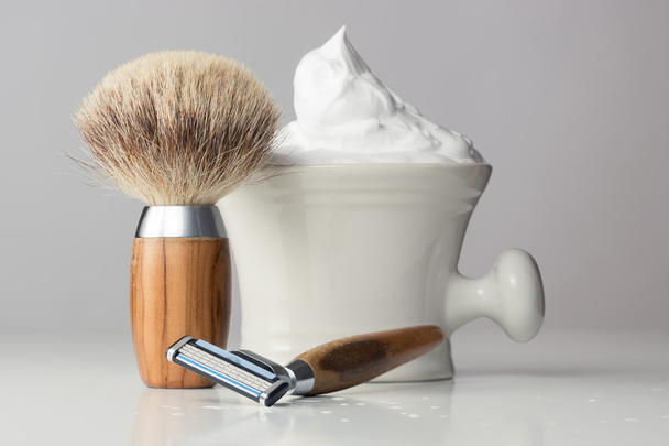 vintage Shaving Equipment on white Table and bright Background - 写真・画像