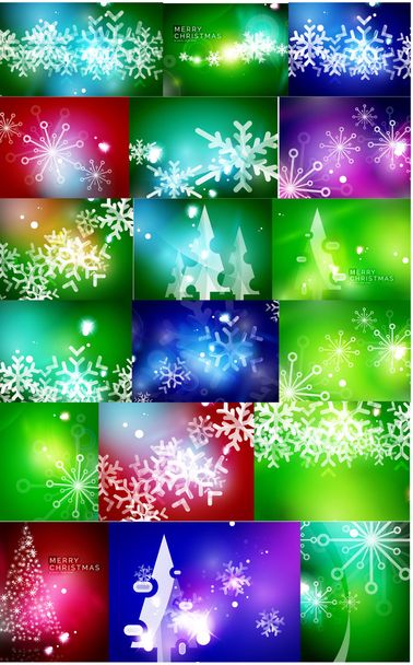Набір блискучих кольорових різдвяних фонів з білими сніжинками та деревами
 - Вектор, зображення