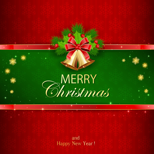 roter Hintergrund mit Weihnachtsglocken und Schneeflocken - Vektor, Bild