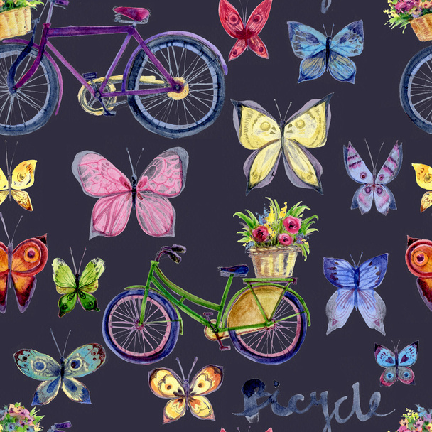 Watercolor seamless pattern with vintage bike and butterfly - Foto, Imagen
