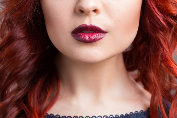 closeup cherry lips. girl with red hair. the lower part of the face. Fashion Girl Portrait. - Fotografie, Obrázek